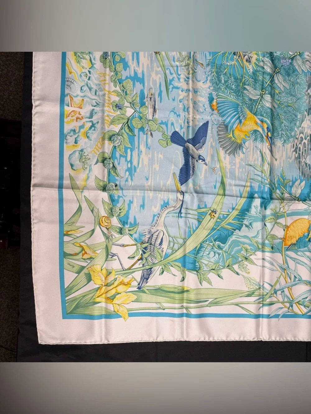 Authentic Hermes Silk Scarf Birds Water Fish White Blue Yellow Au Bord De L’eau - Picture 2 of 12